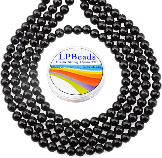 LPBeads 200Pcs Polished 6mm Round Natural Black Obsidian Gemstone Loose Beads with Stretch Cord for Jewelry Making Bracelets