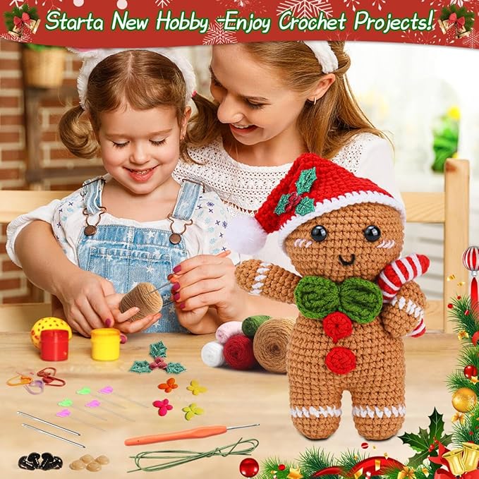 Tierong Crochet Kit for Beginner,Gingerbread Man Crochet Kit with Step-by-Step Video Instructions, Easy to Learn for Ideal Christmas Gift for Adults
