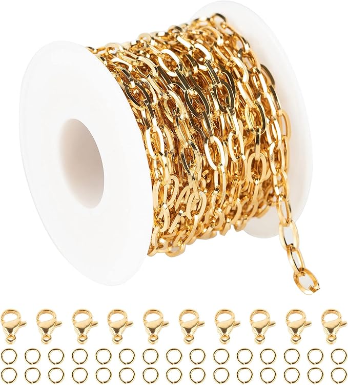 YOUBEIYEE 16.4 Feet Gold Plated Stainless Steel Chain Link Oval Paperclip Necklace Chain Bulk with Jump Rings Lobster Clasps for DIY Necklace Bracelet Choker Jewelry Making
