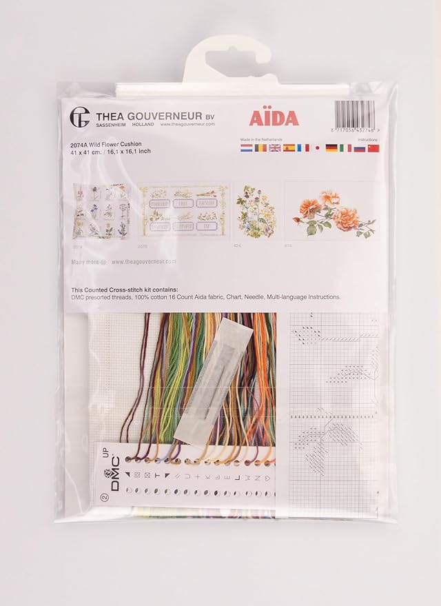 Thea Gouverneur - Counted Cross Stitch Kit - Wild Flower Cushion - Aida - 16 Count - Embroidery Kit for Adults - DMC Embroidery Threads and Other Cross Stitch Supplies Included - 2074A