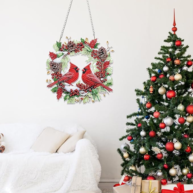Miwixy Christmas Hanging Diamond Art Kits for Adults,Cardinal Special Shaped Crystal Birds Diamond Painting Ornament Kit DIY Double-Sided Pattern Window Pendant Gem Art Kit for Home Wall Decor