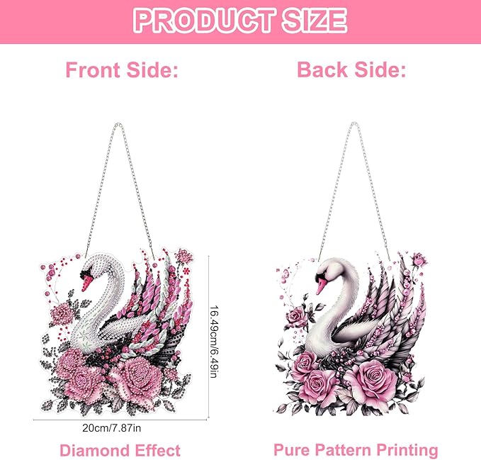QENSPE Diamond Art Hanging Kits for Adults, 5D Swan Special Shape Diamond Paingting Ornaments with Chain, DIY Pink Rose Crystal Window Pendants for Home Wall Decor Double Sided 8X8 inch