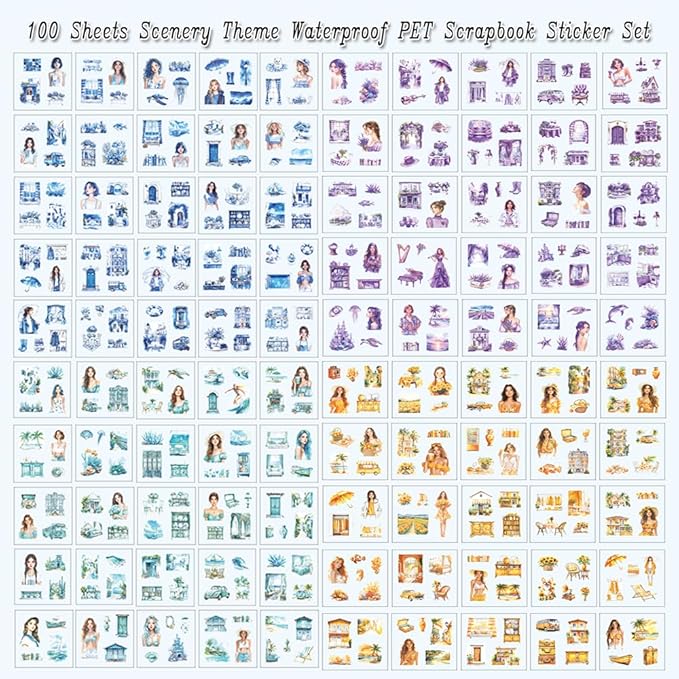 428Pcs Summer Scrapbook Stickers for Scrapbooking Supplies, 100 Sheets Transparent PET Scenery Journal Stickers for Journaling, Junk Journal, Scrap Book, Card Making, Collage, DIY Crafts Arts