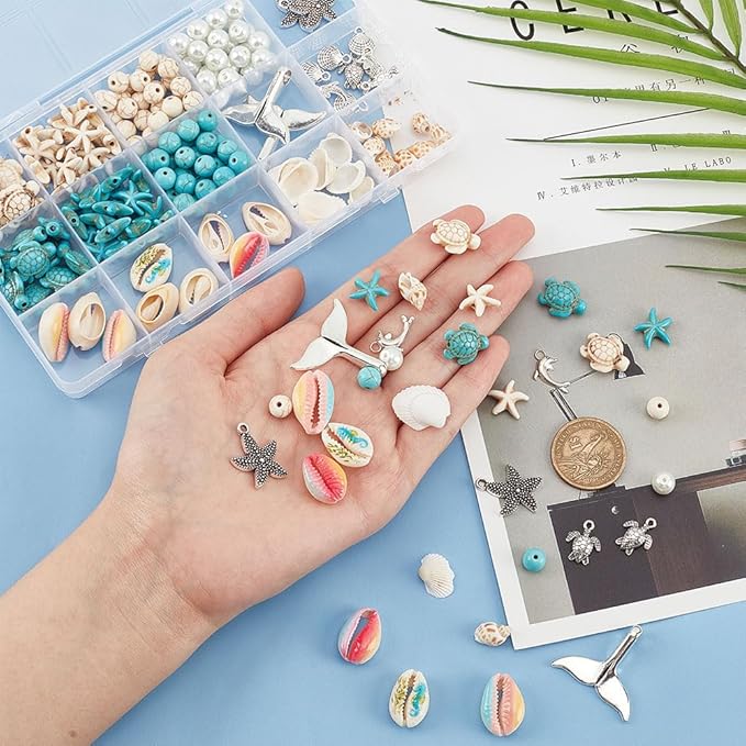 PH PandaHall 208pcs 15 Styles Summer Beach Beads Sea Shell Beads Sea Star Pendants Tortoise Charms Ocean Animal Spacer Beads for Bracelets Earrings DIY Jewelry Making Home Decor Macrame