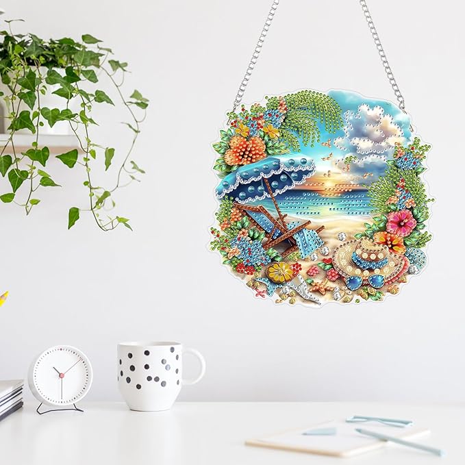 MAXBYE DIY Diamond Art Kits for Adults Hanging Pendant Summer Beach, Painting Diamond Gem Art Hanging Kits for Beginners Gift Window Wall Door Decoration
