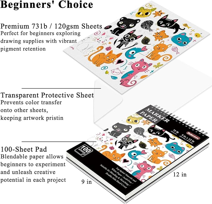 belenova 9" x 12" marker paper pad, 100 sheets bleedproof sketchbook for alcohol markers - 73lb/120gsm art supplies for drawing & coloring (kids/adults).