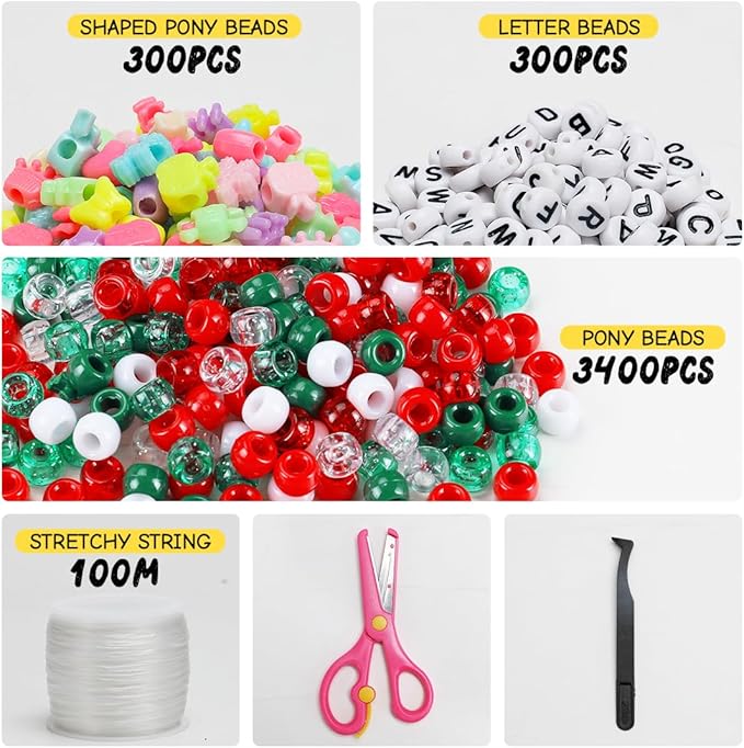 iooleem christmas solid & glitter bulk pony beads - 4000pc kit for friendship bracelets & jewelry making, easy storage