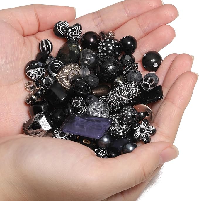 7.5 OZ Assorted Vintage Acrylic Beads for Jewelry Making, Song Xi Unique Flower Rose Czech Beads for Bracelet Earrings, Bohemia Style, Bulk, DIY Holiday Gift (240-260 PCS, Black)