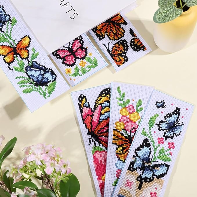 ORIGACH 6 Pcs Cross Stitch Bookmark Kit for Beginner Adults, Butterflies and Flowers Stamped Embroidery Bookmark Kit with Instruction for Starters Printed Cross Stitch DIY Kits for Book Lovers