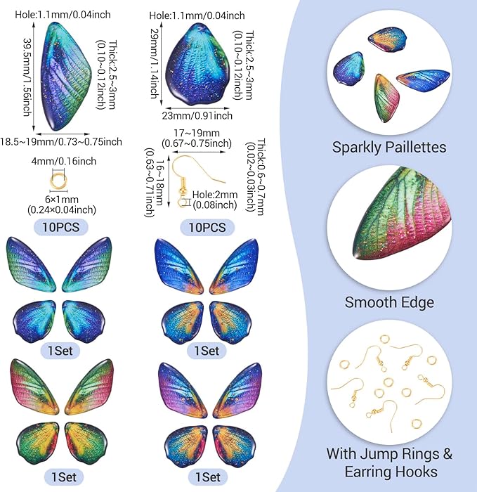FASHEWELRY 16Pcs Resin Fairy Wings Earring Charms Dark Blue Green Butterfly Wing Pendants Opaque Insect Feather Charms with Jump Rings Earrings Hooks for DIY Earring Jewelry Making