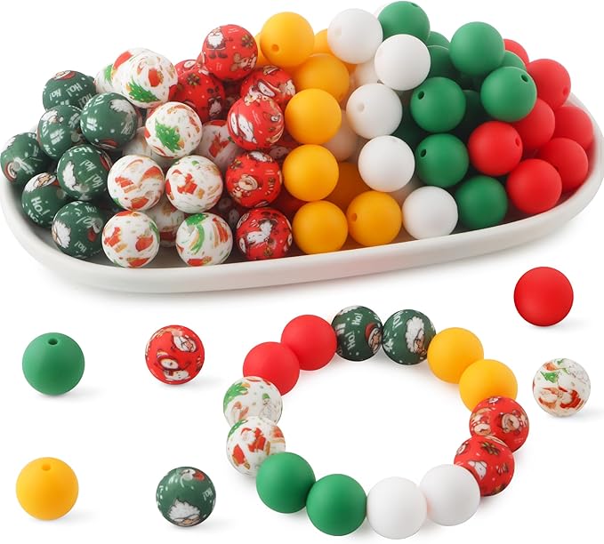70Pcs Print Silicone Beads for Keychain Making,Round 15mm Silicone Beads for Pens, Necklace and Bracelets Making（Christmas Print）