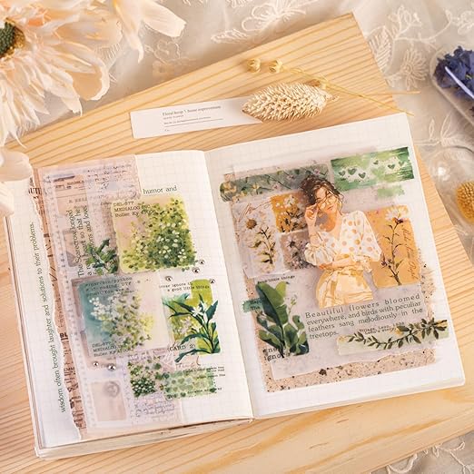 6 Rolls Floral Pre-Cut PET Sticker Tape Set, 1.97in x 78.7in Each, Vintage Botanicals & Script for Scrapbook Journals, Planners, DIY Décor