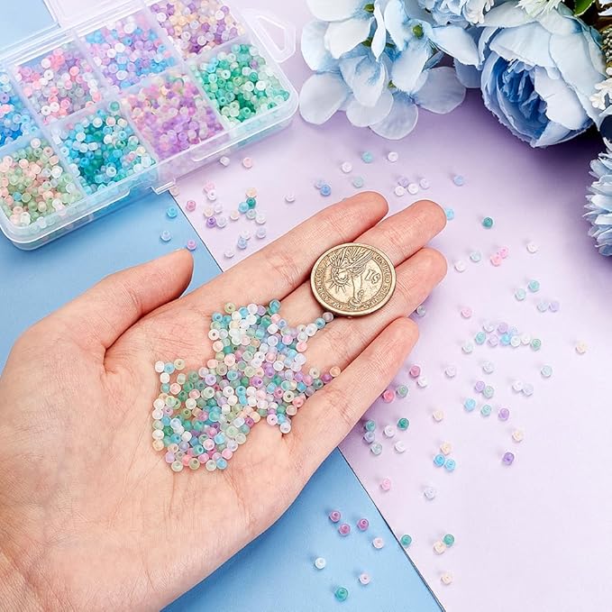 PH PandaHall 2104pcs 8 Candy Colors Seed Beads 3mm Frosted Glass Transparent Round Bead Mini Spacer Beads Kit Waist Bead for Earring Bracelet Necklace Key Chain Crafts Jewelry Making