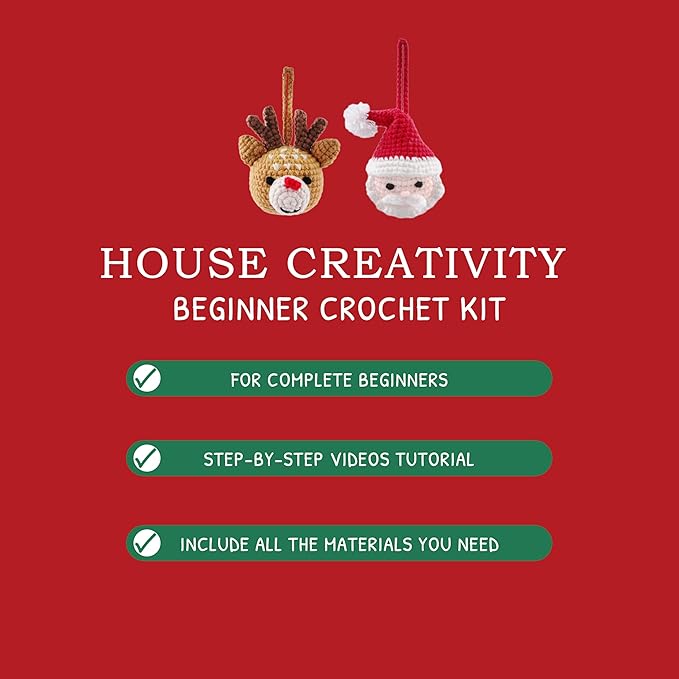 HOUSE CREATIVITY Christmas Crochet Kit for Beginners – Make Santa Claus & Reindeer Ornaments, Amigurumi Crochet Starter Kit with Video Tutorial, Yarn & Hook, DIY Holiday Tree Decor Gift