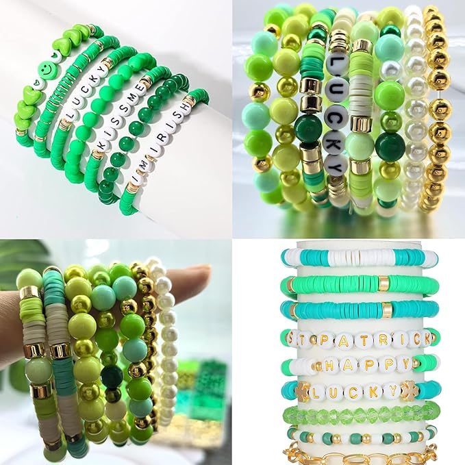 2220Pcs St. Patrick's Day Beads for Bracelets Jewelry Making, Green Assorted Bracelet Making Kit Clay Beads Pearl Beads Acrylic Round Beads Heishi Beads Letter Spacer Beads Bulk for Earrings DIY Craft