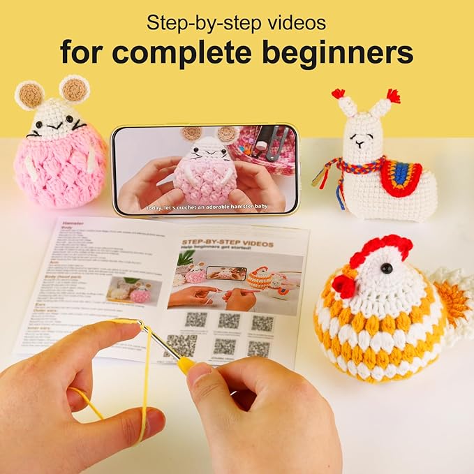 XSEINO Crochet Kit for Beginners - Crochet Start Kit with Step-by-Step Video Tutorials - Learn to Crochet Kits for Adults - Alpaca, Hamster, Chubby Chicken