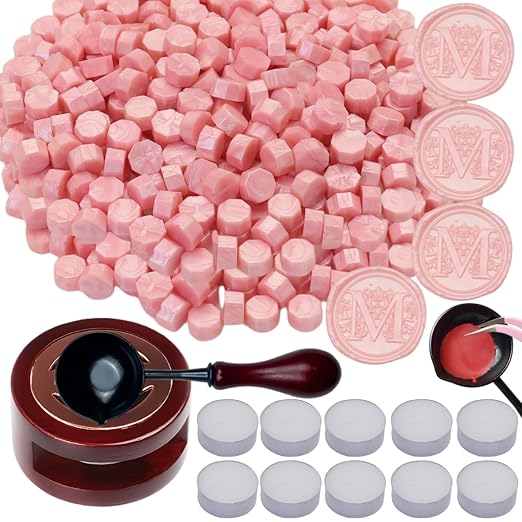 Wax Seal Warmer, ONWINPOR 400pcs Pearl Pink Sealing Wax Beads Kit with Warmer, Non-Slip Spoon, Candles for Envelopes, Stamp Letter Seal,Wedding Invitations (Pearl Pink)