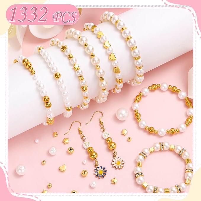 Audab Bracelet Making Kit, 1332 Pieces Pearl Beads and Gold Spacer Beads for Bracelets Making and Jewelry Making for Adults