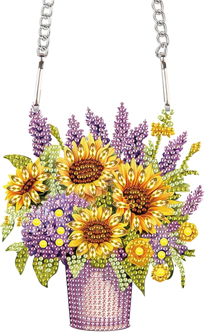 Sunflower Lavender Diamond Painting Hanging Kit, DIY 5D Special Shaped Rhinestones Acrylic Pendant, Diamond Art Hanging for Adults, Floral Window, Wall, Door and Garden Decoration, Handmade Art Gift