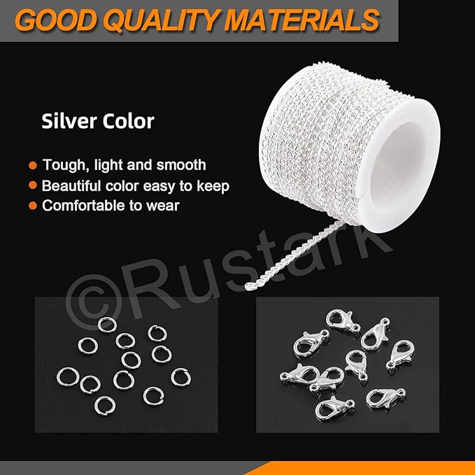 Rustark 102Pcs 4mm 30 Feet Silver Jewelry Making Chains Kit Thin Necklace Bracelet Chain Twisted Links Curb Chain with Jump Rings Lobster Clasps and Pliers for Bracelet Necklace Jewelry Making