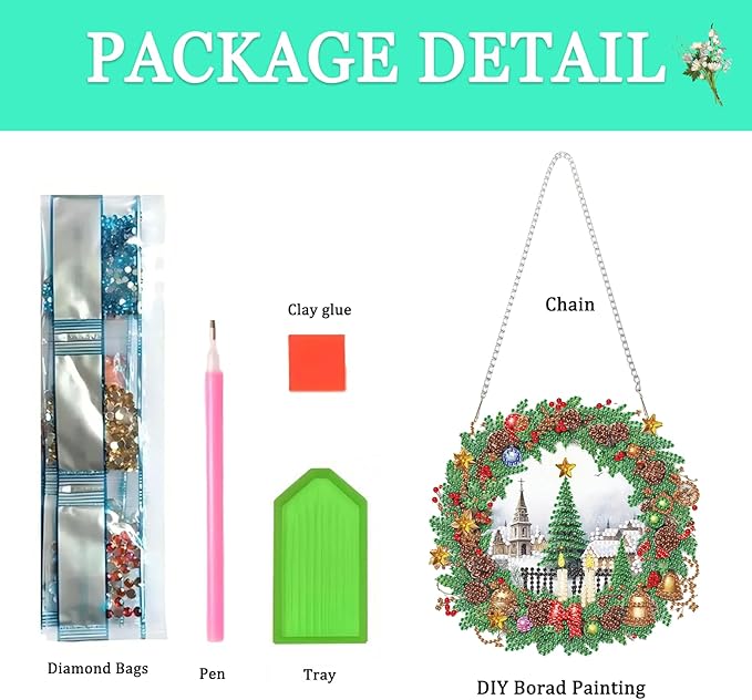 Auremi Christmas Tree Diamond Art Painting Pendant Kits with Chain,5D Christmas Wreath Diamond Art Hanging Kit DIY Diamond Crystal Window Door Hanging Pendant Kit for Adults Gift Wall Decor