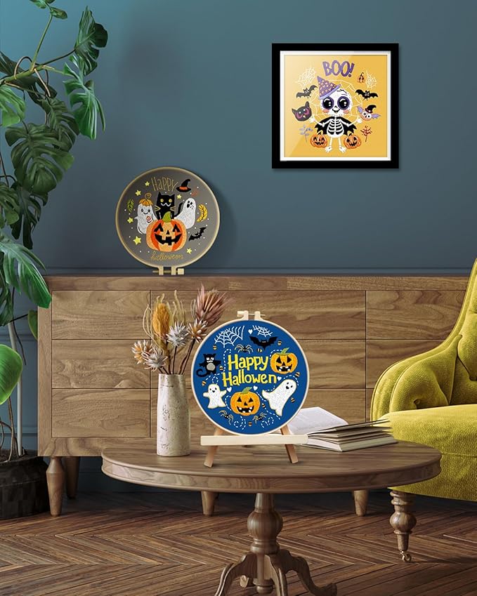 TINDTOP Halloween Embroidery Kit for Adult, 3 Pack Embroidery DIY Starter Kit, with Stamped Patterns, Hoop, Tools, Colorful Threads with Needles, Instructions