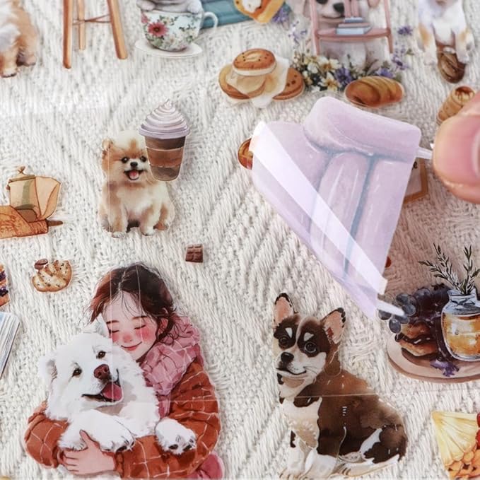 Journal Sticker Book for Journaling and Scrapbooking, Women Pet Coffee Time Theme, 20 Sheets 3.9x5.9 inches, Precut Clear PET Stickers for Junk Journal Supplies, Collage, Scrap Booking