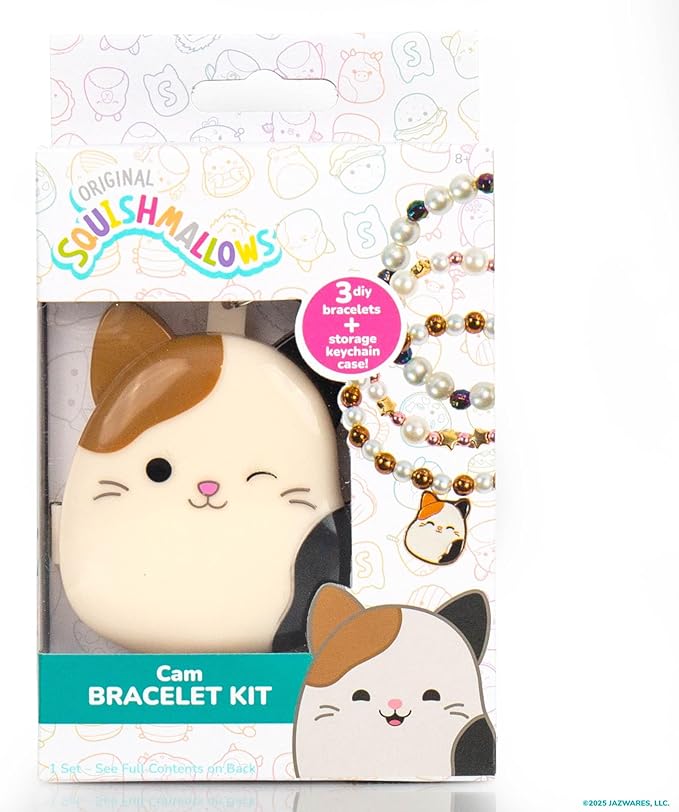 Original Squishmallows Cam The Cat Bracelet Kit, Makes 3 Accessories, Fun Beads and Charms, Bonus Keychain, Friendship Jewelry Making Set, Gifts for Girls, Craft Kits, Arts and Crafts for Kids