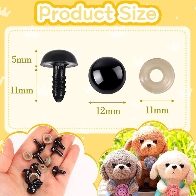 UPINS 600 Pieces 12MM Safety Eyes with Washers Black Plastic Safety Eyes for Amigurumi Doll Crochet Eyes for DIY Crafts Stuffed Animals Making Supplies