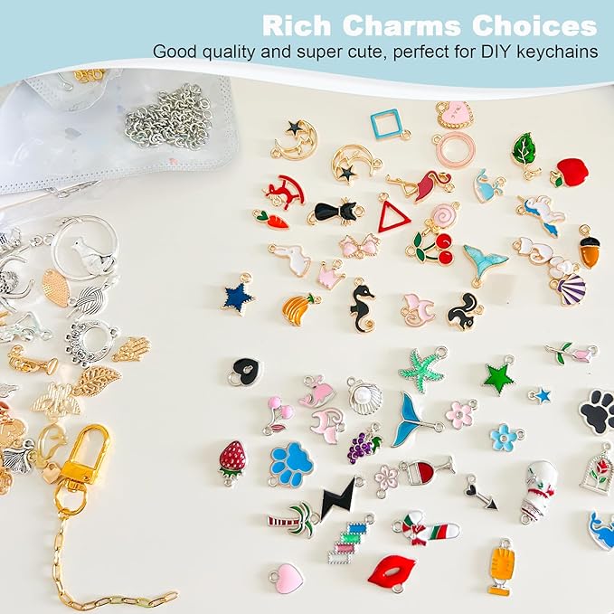 HejVulkan 588 PCS Keychain Making Kit with Charms, Gold and Silver Keychain DIY Kit with Jewelry Chains, Charms, Key Chain Clips, Letter Beads, for Key Chain Making Supplies DIY Crafts