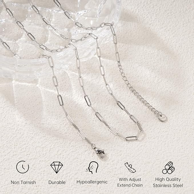 GTVOODX 10Pcs Stainless Steel Paperclip Necklace Chains Bulk for Women 18 Inch Silver Charm Chains for DIY Jewelry Making Supplies