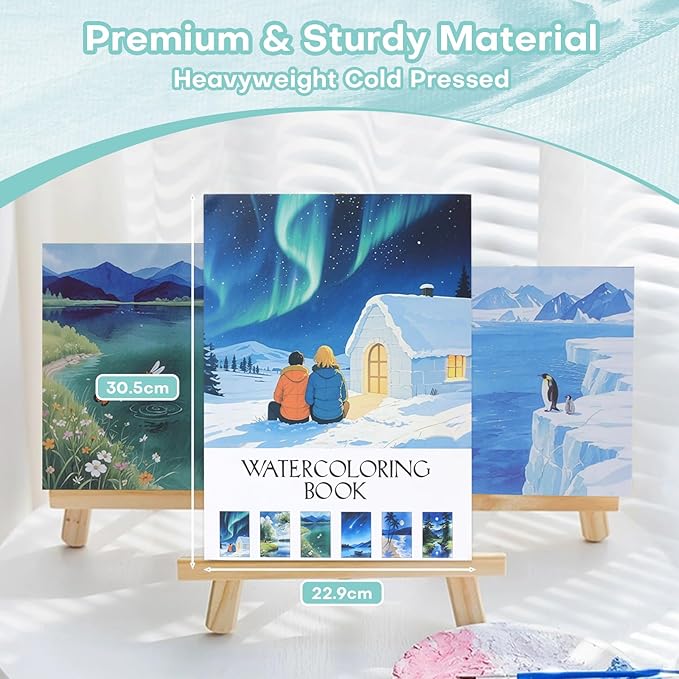 RGBMIX Nature Scenes Watercolor Paper Pad Cotton 140lb/300gsm 12 Sheets Watercolor Coloring Book 9x12'' Pre-Printed Line Art of Aurora, Waterfall, Forest, Glacier for Watercolor, Acrylic, Pencil