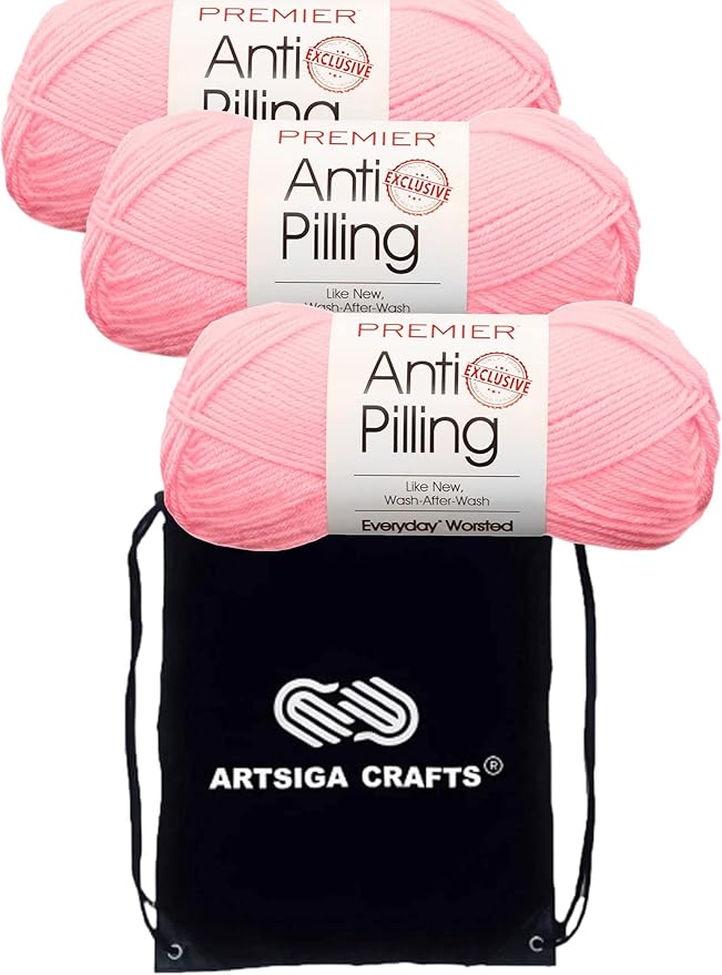 Premier Yarns Everyday Anti-Pilling Solid Baby Pink DN100-6 (3-Skeins - Same Dye Lot) #4 Worsted Weight Acrylic Yarn for Crocheting and Knitting with Project Bag