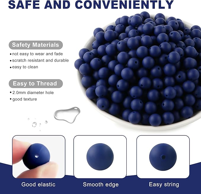 160Pcs 12mm Silicone Beads for Keychain Making Bracelet Necklace, Bulk Round Silicone Beads for Pens(Navy Blue)