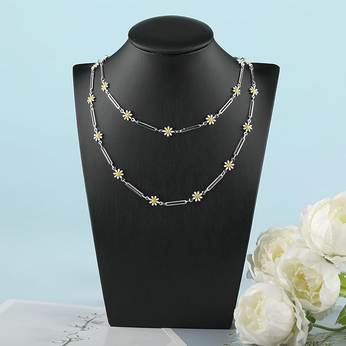 YOUBEIYEE 16.4 Feet Silver Plated Brass Chain for Jewelry Making Silver Paperclip Chain Enamel Daisy Flower Chains Bulk with Jump Rings Lobster Clasps