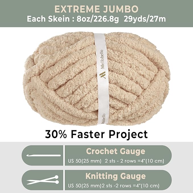 Mellobello Jumbo Chunky Yarn for Hand Knitting - Super Thick Chenille Chunky Yarn for Crocheting - Extra Soft Bulky Fluffy Blanket Big Yarn 8 Jumbo Pack (27yds,8 oz Each Skein) Khaki