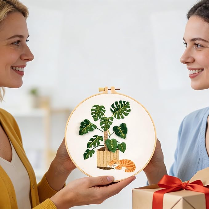Monstera Embroidery Kits for Beginners Adults, Cat Hand Embroidery Kits, Potted Plant Cross Stitch Kits for Beginners DIY Craft Kits for Adult Women, Entire Set of Embroidery Supplies & Video Tutorial