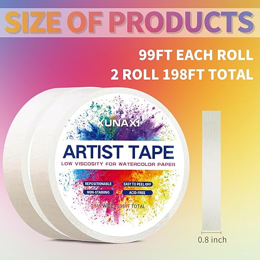 2 Packs Art Tape, Artist Tape for Watercolor Paper Low Tack White Painters Tape for Drafting Art Painting Canvas Framing Acid Free Masking Tape-0.8IN Wide 198FT Long Total