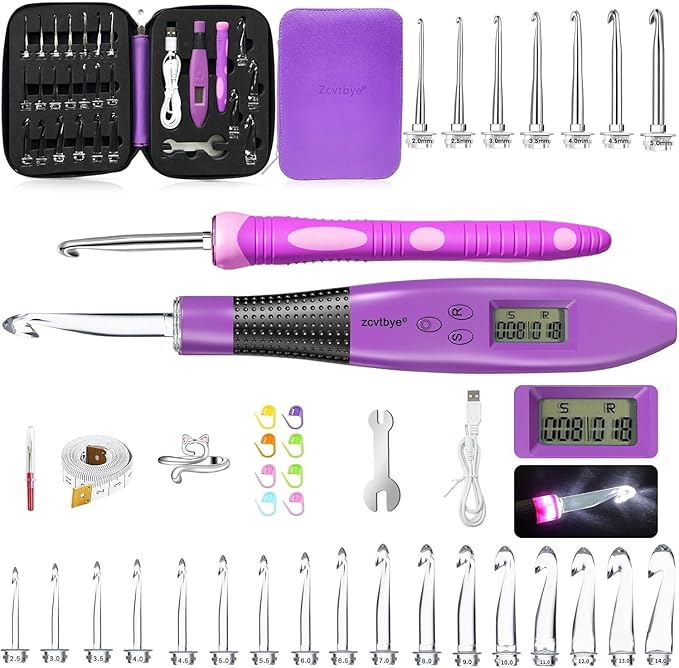 Light up Crochet Hook Set Counting Set Digital Crochet Kit Ergonomic with Lighted Led and Stitch for Crocheting and Knitting
