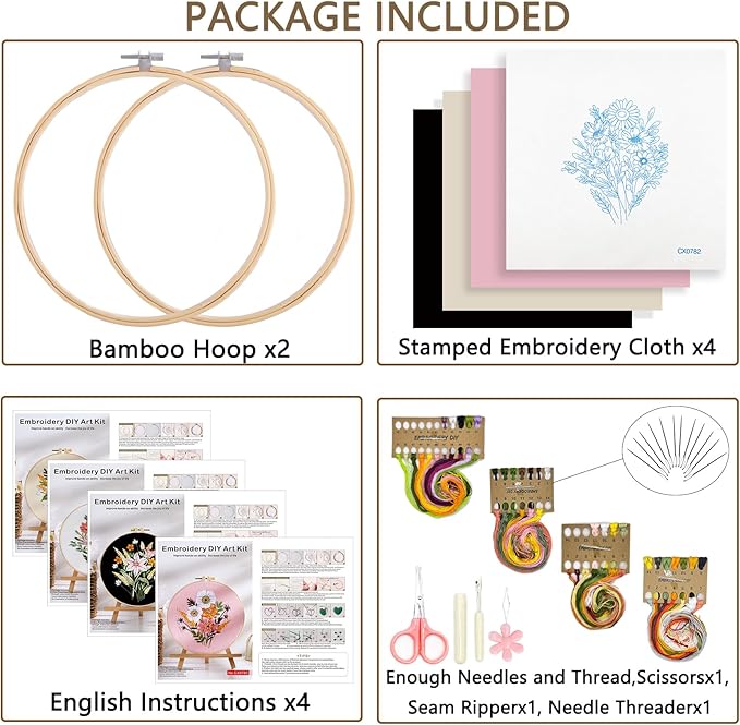 Picoey Flower Embroidery Kit for Beginners with Flower Pattern and Instructions,4 Pack Cross Stitch Kits,2 Wooden Embroidery Hoops,Threads and Needles,Needlepoint Kit for Adults