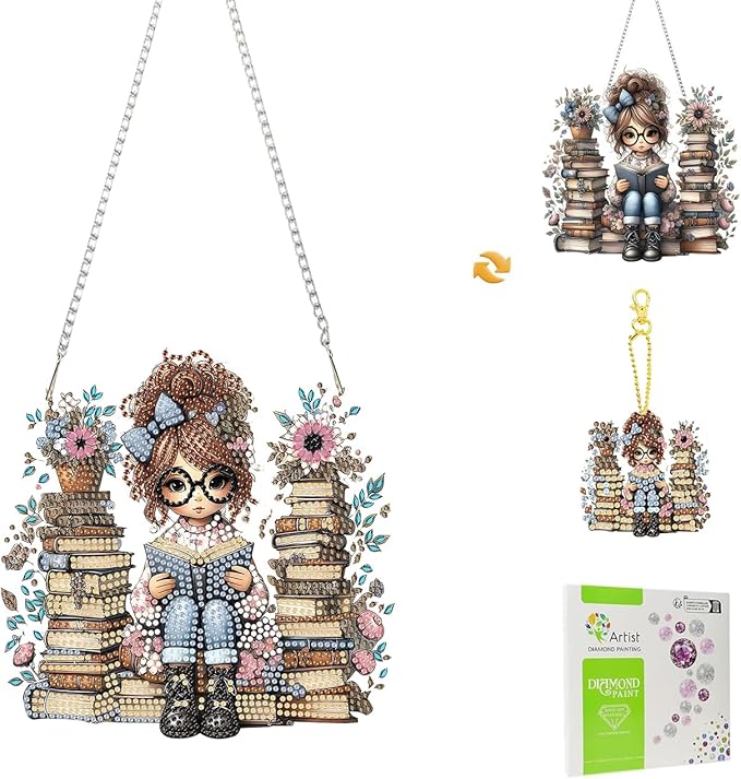 Masendp Girls' Book Diamond Painting Hanging Decoration Kit, DIY Special-Shaped Rhinestone Window Hanging Kit, Suitable for Home and Garden Wall Decoration Gifts