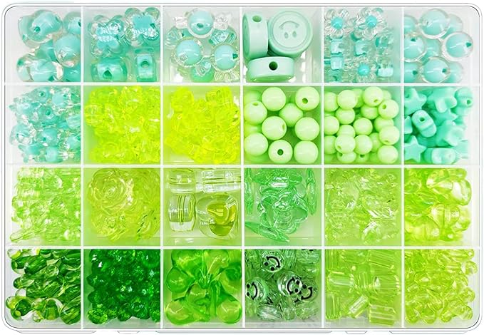 450pcs Acrylic Green Assorted Beads: Flower, Heart, Star, Butterfly, Smile Face, Mickey, Pastel; Bulk for Bracelets, Jewelry Making, Phone Charm Crafts