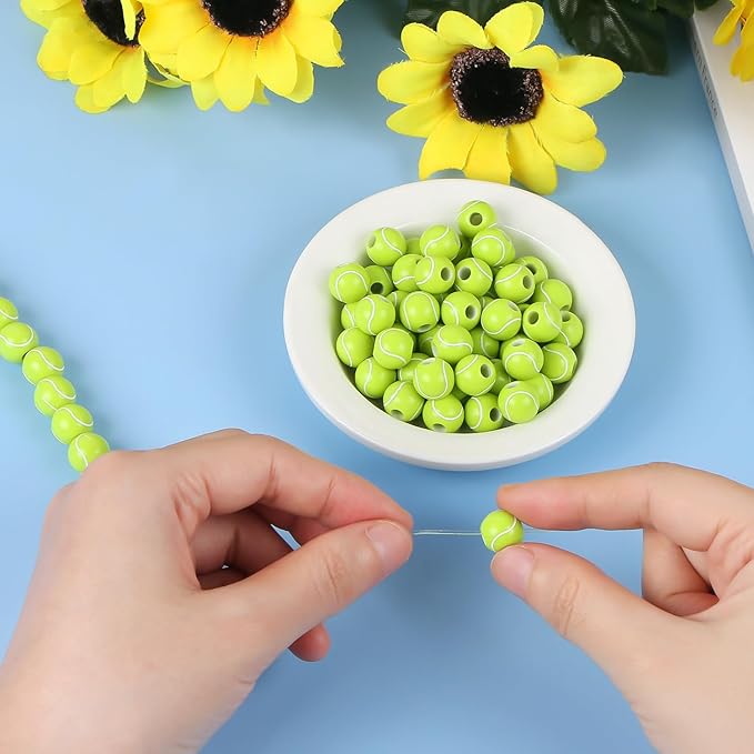 100pcs Tennis Beads with 5.5 Yard Elastic Rope,Acrylic Sports Beads DIY Spacer Bead for Necklace Bracelet Keychains Handmade Jewelry Making Accessories Craft Supplies,12mm(Tennis)