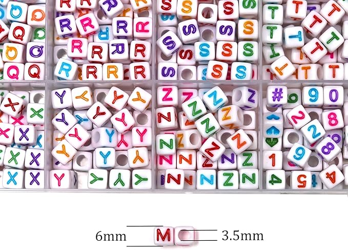 MELIUS Acrylic Square Letter Beads, 1120Pcs 6x6mm in Alphabetical Order A-Z Colorful Letter Beads with Numbers Beads for Jewelry Making, DIY Bracelets, Key Chains (6x6mm, Multicolored)