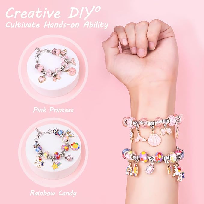 UFU Charm Bracelet Making Kit, 120Pcs DIY Jewelry Making Kit Arts & Crafts Gift for Girls 5 6 7 8-12, A Sweet Birthday Gift & Toy to Inspire Imagination & Creativity, with Portable Jewelry Box