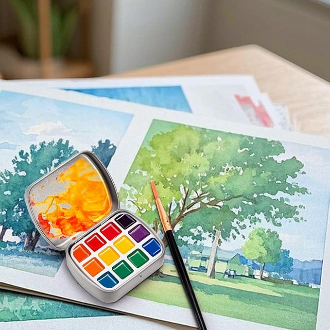 9 Pcs Mini Watercolor Tin Box, 12-Well Portable Paint Palette with Lid, Empty Metal Watercolor Storage Case, Paint Container for Artist Travel Indoor & Outdoor Sketching DIY Craft, 3 Color