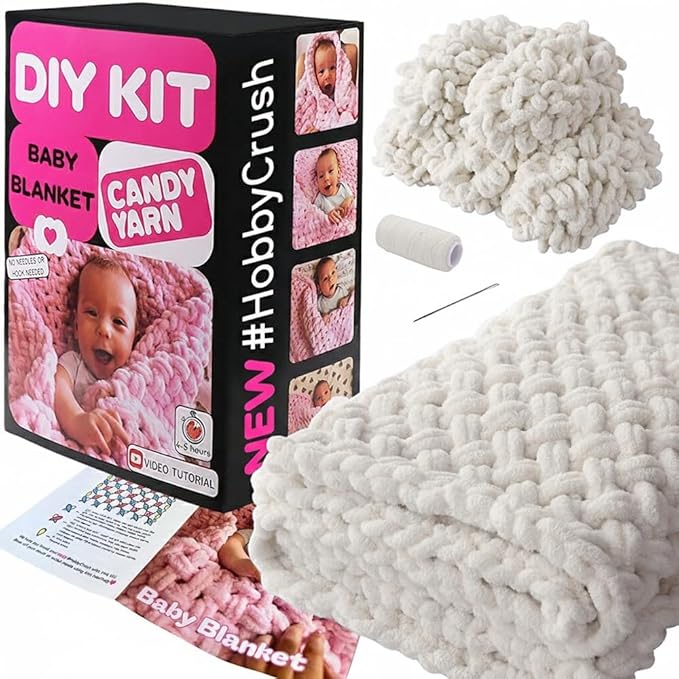Beginner Craft Kit – Easy Loop Yarn Baby Blanket Kit for Adults & Kids, DIY Arm Knitting Kit with Soft Chenille Yarn, Perfect Handmade Gift (Milky)
