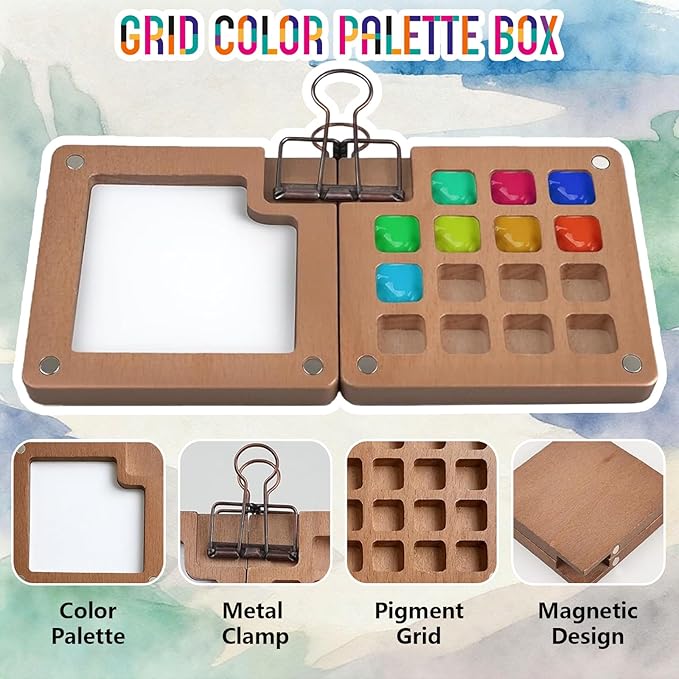 Walnut Wood Mini Watercolor Paint Set-24 Color Pocket Watercolor Set with Brush, Sketchbook and Towel, Complete Portable Watercolor Kit for Artists, Beginners, Students and Urban Sketching (15 Grids)
