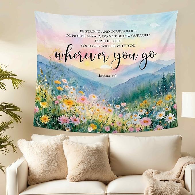 MNASAIOO Christian Wildflower Mountian Wall Tapestry Hanging for Bedroom, Bible Verse Scripture Joshua 1:9 Tapestries,Watercolor Spring Colorful Landscape Wall Decor for Living Prayer Room 50x60in