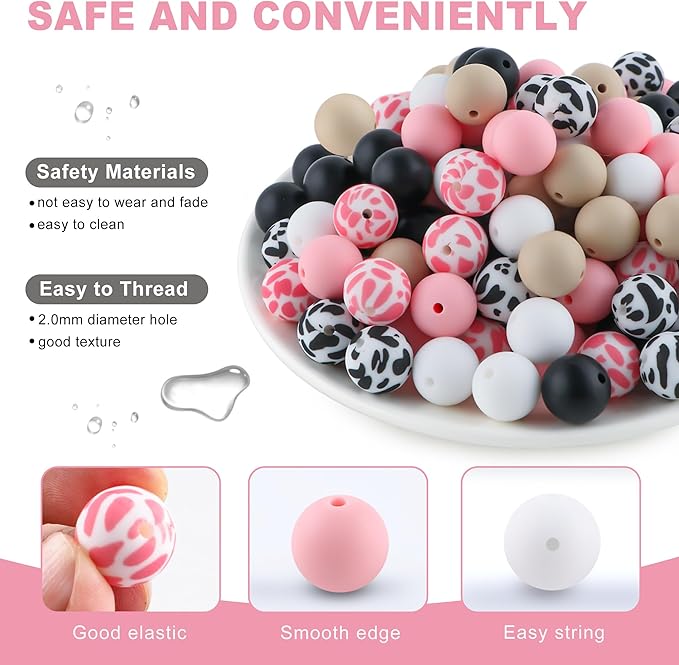 150Pcs Mixed Color 15mm Silicone Beads for Keychain Making, Pink Black Cow Print Silicone Beads for Pens and Bracelet Jewelry Making